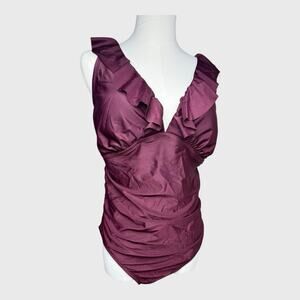 Kona Sol Womens One Piece Shirred Wrap Swimsuit Size 14W Purple Tummy Control